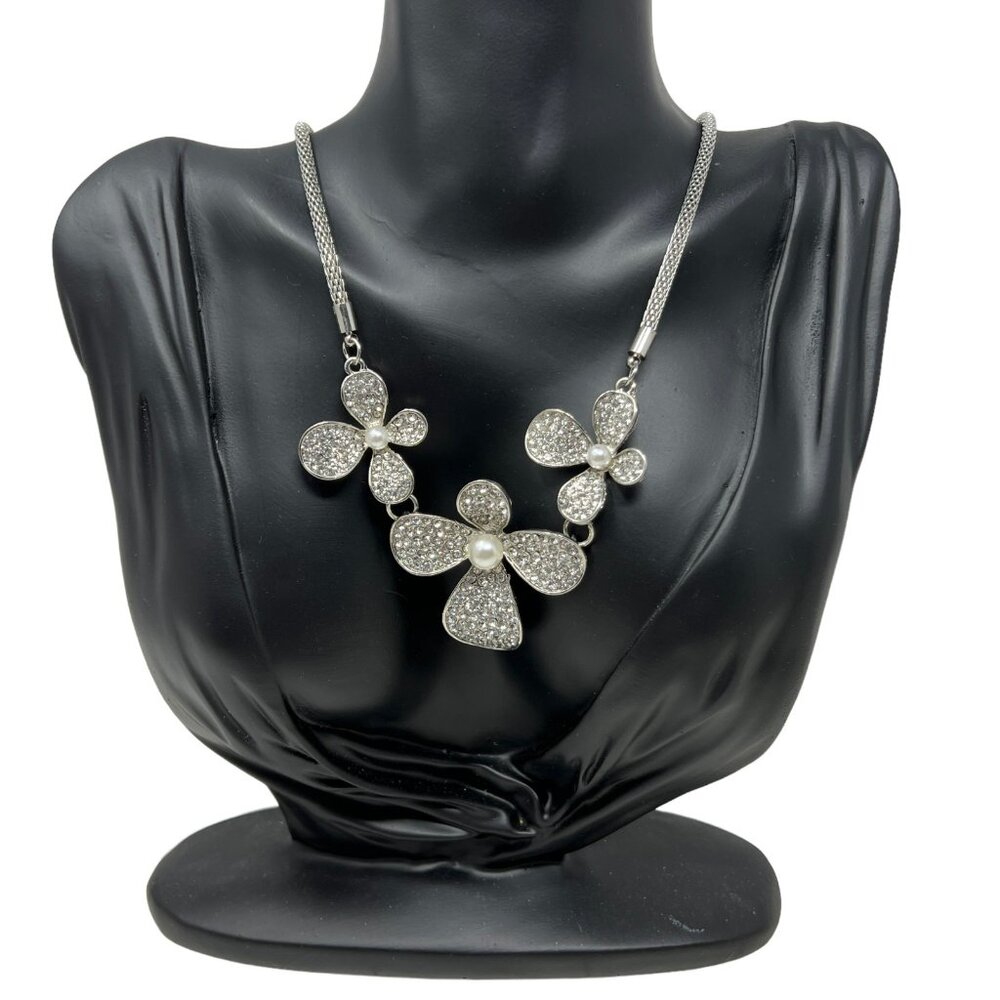 Statement Necklace Three Flower Silver Tone‎ Snake Chain Faux Pearl Accent